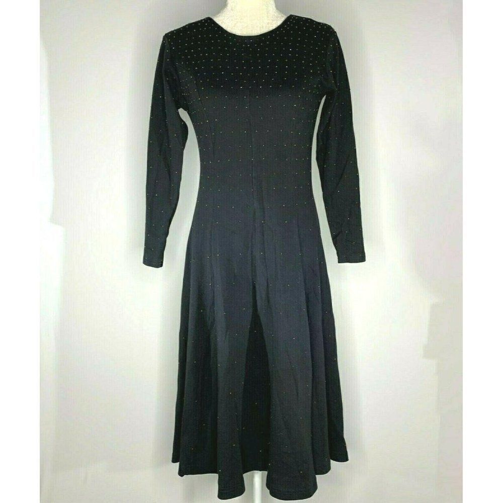 Vintage Ellen Ashley Beaded Midi Dress M Black Lin